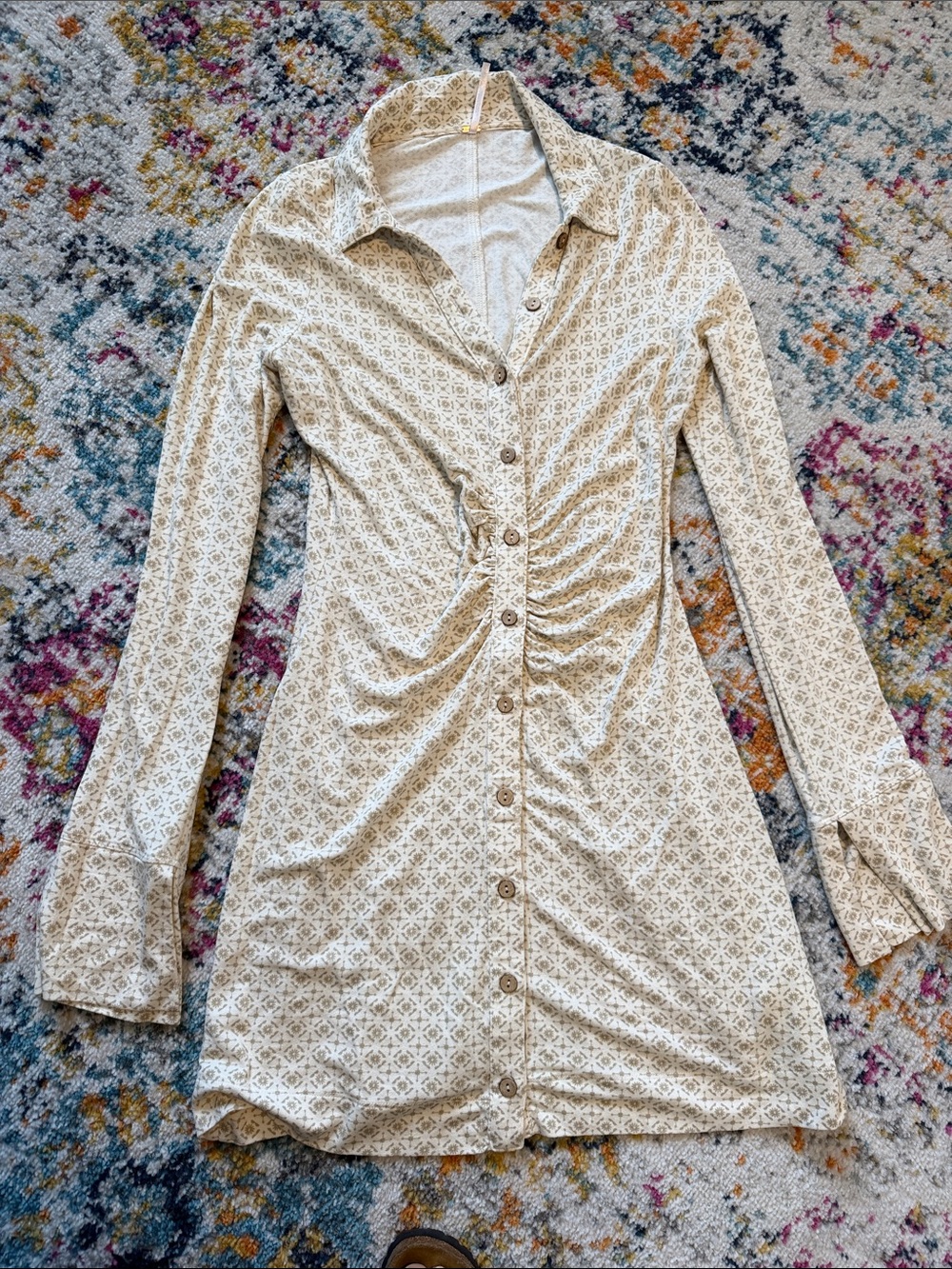 Free People Cream Printed Ruched Button-Front Long Sleeve Dress